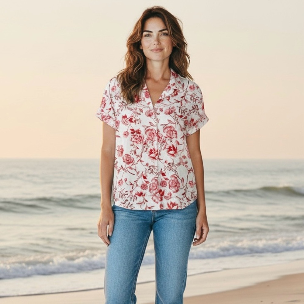 Cynthia Rowley 100% Linen Short Sleeve Floral Top Size M - Picture 2 of 11